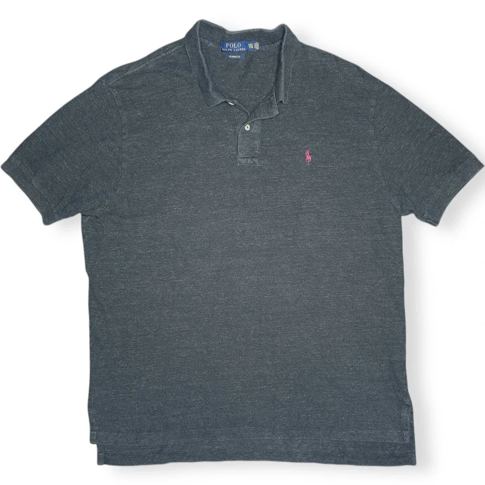 Polo Ralph Lauren Men's XXL Gray Classic Fit Polo Shirt Maroon Pony‎ 100% Cotton